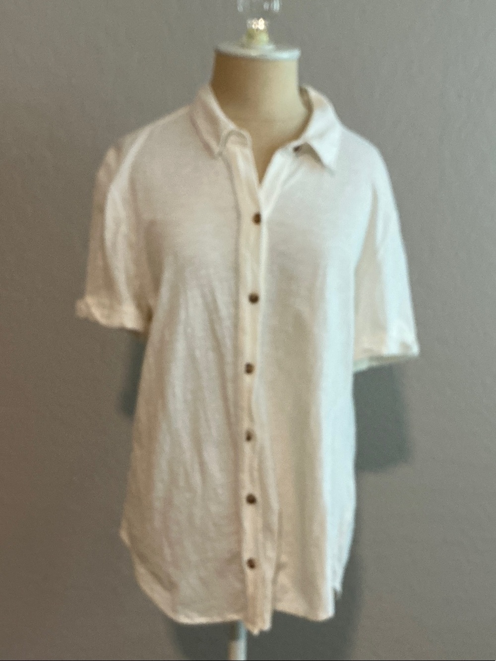 Light Cream Short-Sleeve Button front Cotton Shirt